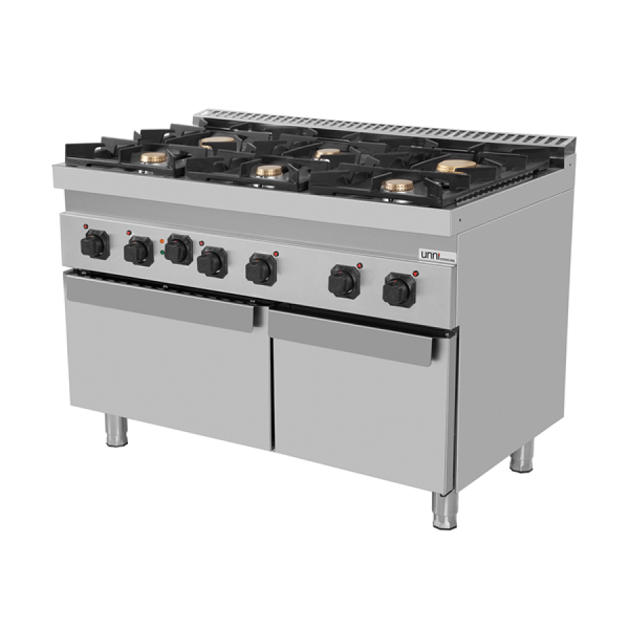 Gasherd E70FGO30-K mit Elektro-Ofen, 6 Brenner, Gusseisenrost