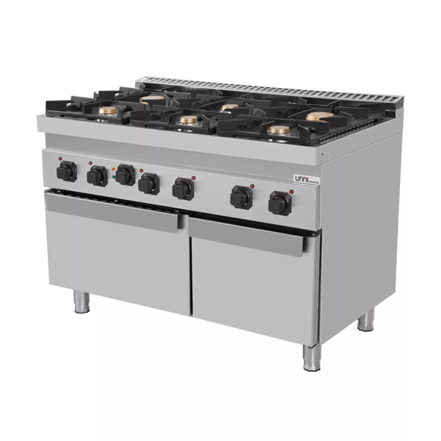 Gasherd mit Elektro-Ofen, 6 Brenner, Gusseisenrost