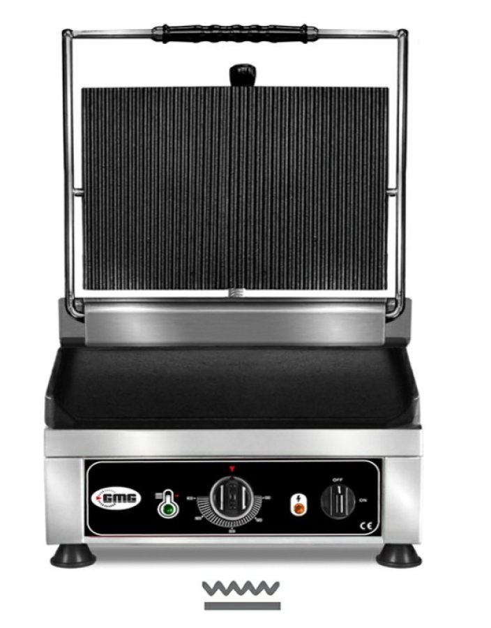 Kontaktgrill, elektro, oben gerillt und unten glatt, aus Gusseisen