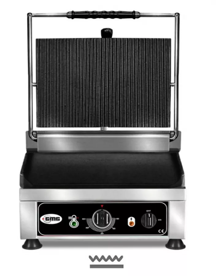 Kontaktgrill, elektro, oben gerillt und unten glatt, aus Gusseisen
