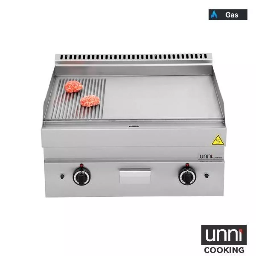 Gas-Bratplatten UNNI-COOKING 650 Serie Edelstahl 1/3 geriffelt 2/3 glatt