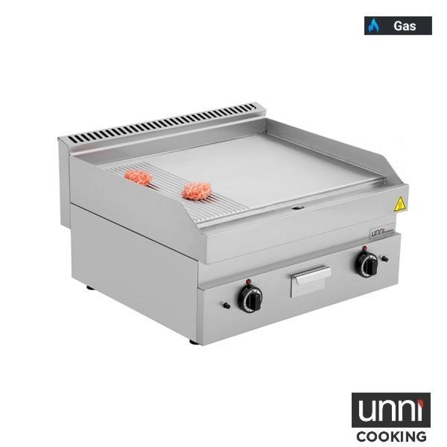 Gas-Bratplatten UNNI-COOKING 650 Serie Edelstahl 1/3 geriffelt 2/3 glatt