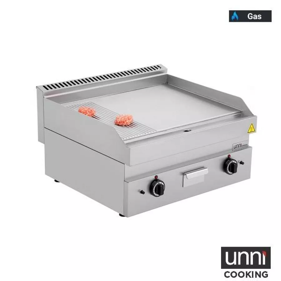 Gas-Bratplatten UNNI-COOKING 650 Serie Edelstahl 1/3 geriffelt 2/3 glatt