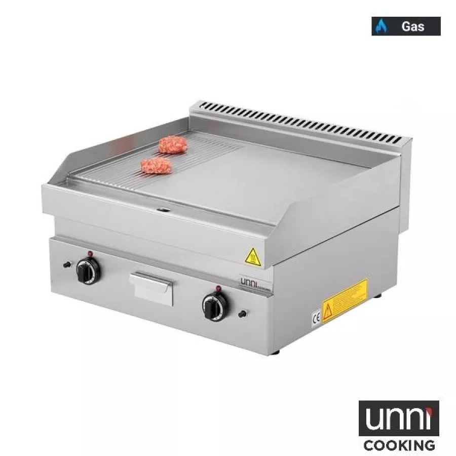 Gas-Bratplatten UNNI-COOKING 650 Serie Edelstahl 1/3 geriffelt 2/3 glatt