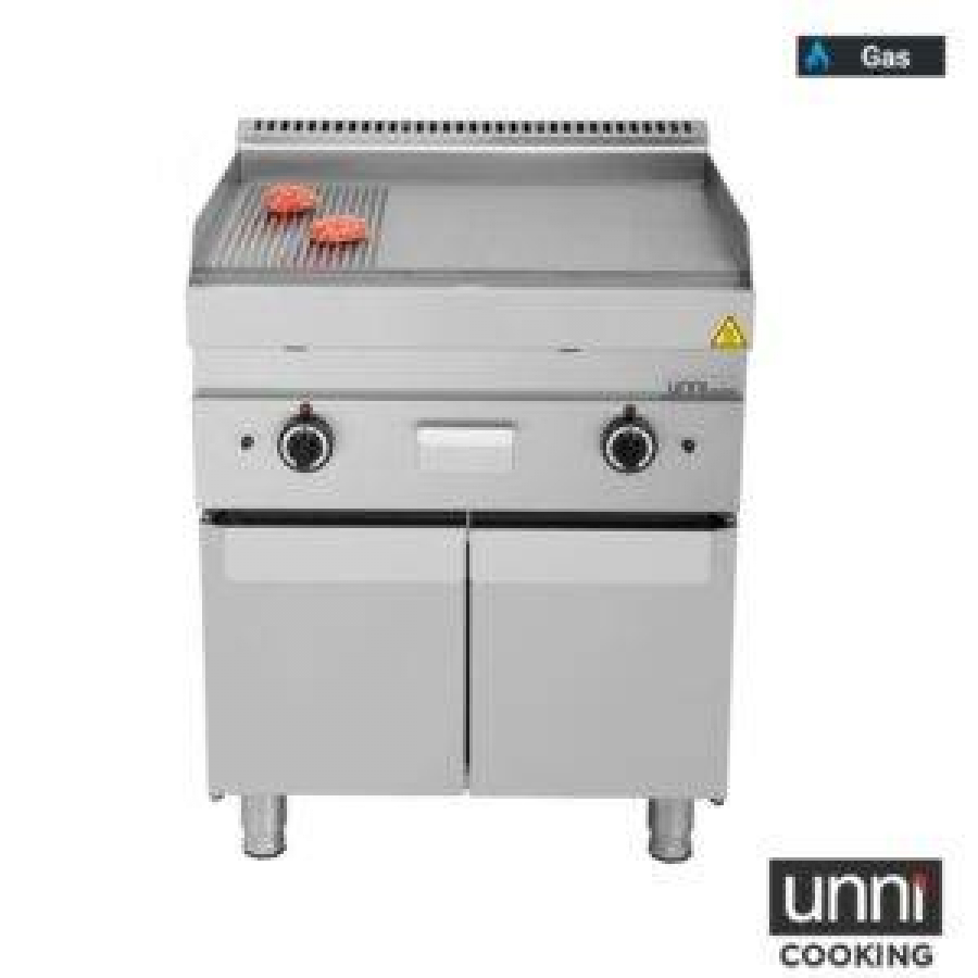 Gas-braadplaten UNNI-COOKING 650 Serie RVS 1/3 geribbeld 2/3 glad