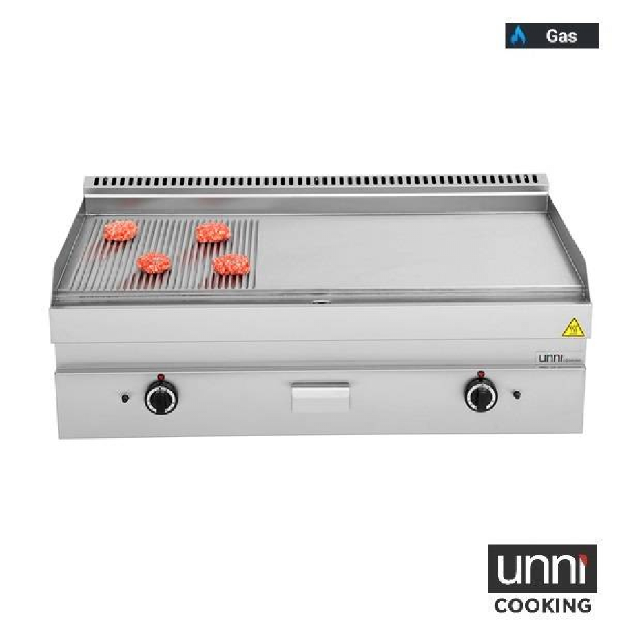 Gas-Bratplatten UNNI-COOKING 650 Serie Edelstahl 1/3 geriffelt 2/3 glatt