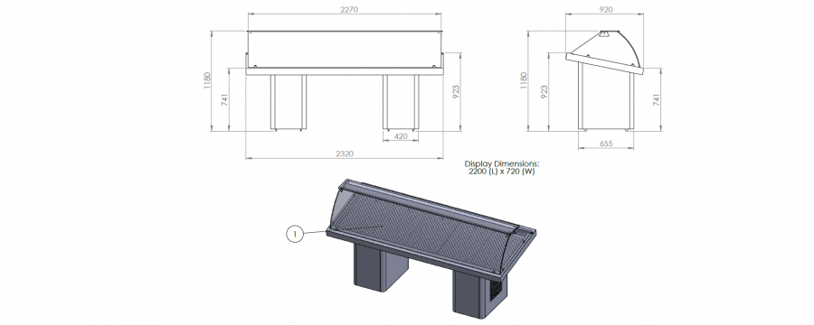 Viskoelbak met gebogen glas en schuifdeuren, statische koeling, 2320 mm