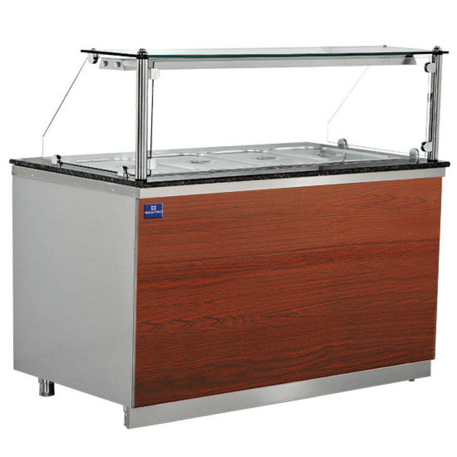 Bainmarie Theke auf offenem Unterbau 4x GN 1/1 mit gerader Frontverglasung | +30°/+90°C Bainmarie Theke auf offenem Unterbau 4x GN 1/1 mit gerader Frontverglasung | +30°/+90°C