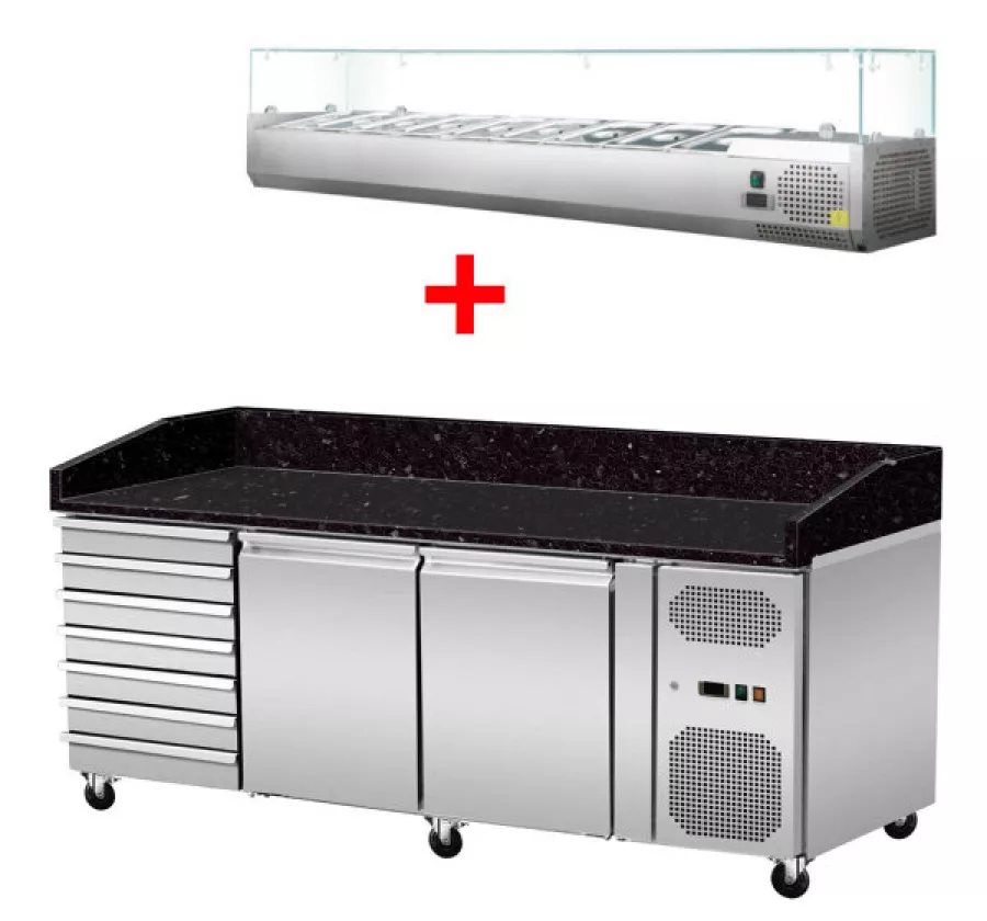 Pizza Kühlthek Granit Star Galaxy Schwarz 2 Türen 7 Schubladen 203 x 80 Kühlaufsatz GN1/3 mit Glas Pizza Kühlthek Granit Star Galaxy Schwarz 2 Türen 7 Schubladen 203 x 80 Kühlaufsatz GN1/3 mit Glas