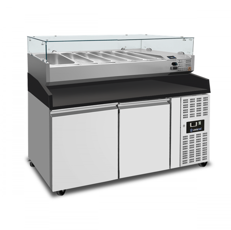 Pizza Theke 2 Türen 151x80x100cm Schwarz Granit 390L Edelstahl