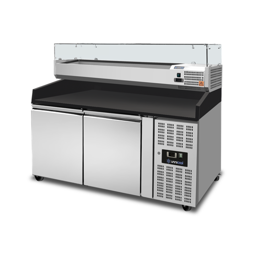 Pizza Theke 2 Türen 151x80x100cm Schwarz Granit 390L Edelstahl