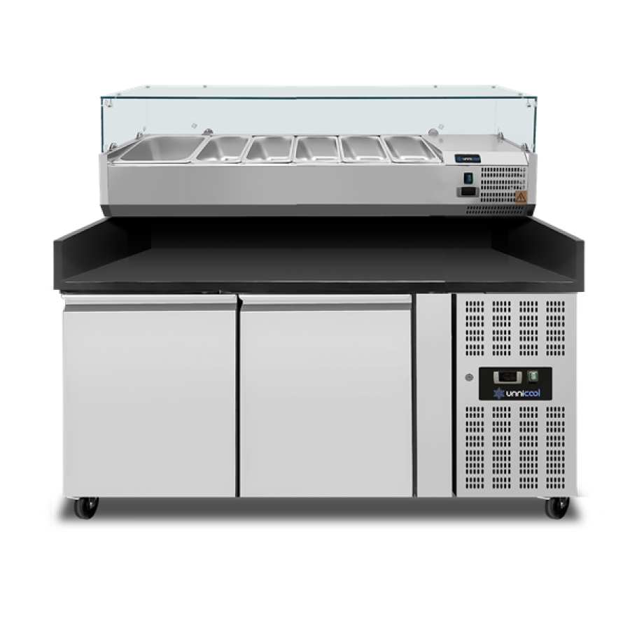 Pizza Theke 2 Türen 151x80x100cm Schwarz Granit 390L Edelstahl