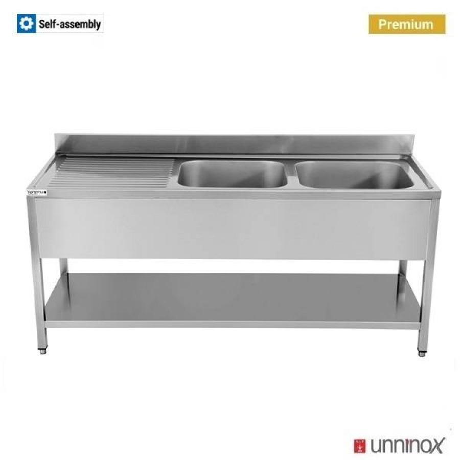 Spültisch 2 Becken 200x70x85cm – 2 Spülen rechts, Edelstahl