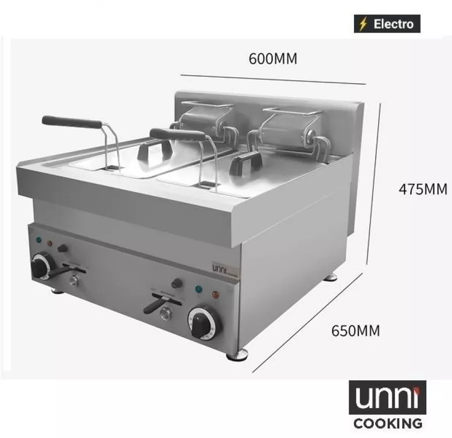 Elektrofritteusen UnniCooking 2x10L – Doppel-Fritteuse, Kaltzone, Ablasshahn