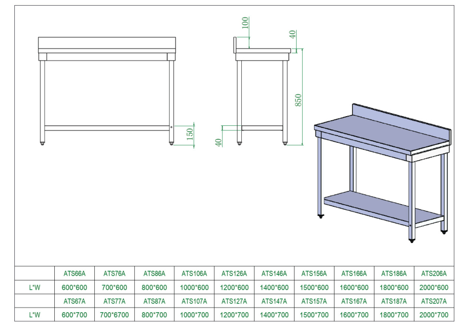 Rvs werktafel, met opstaande rand, 120 x 70