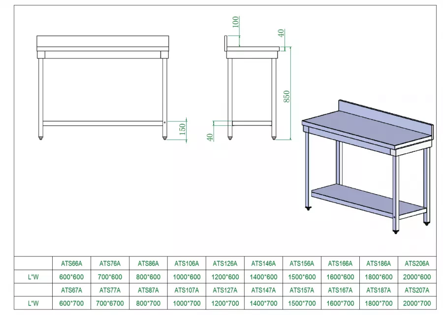 Arbeitstisch aus Edelstahl, mit Aufkantung, 150 x 60
