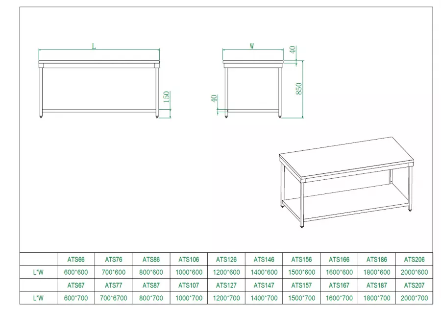 Arbeitstisch aus Edelstahl, 70 x 70