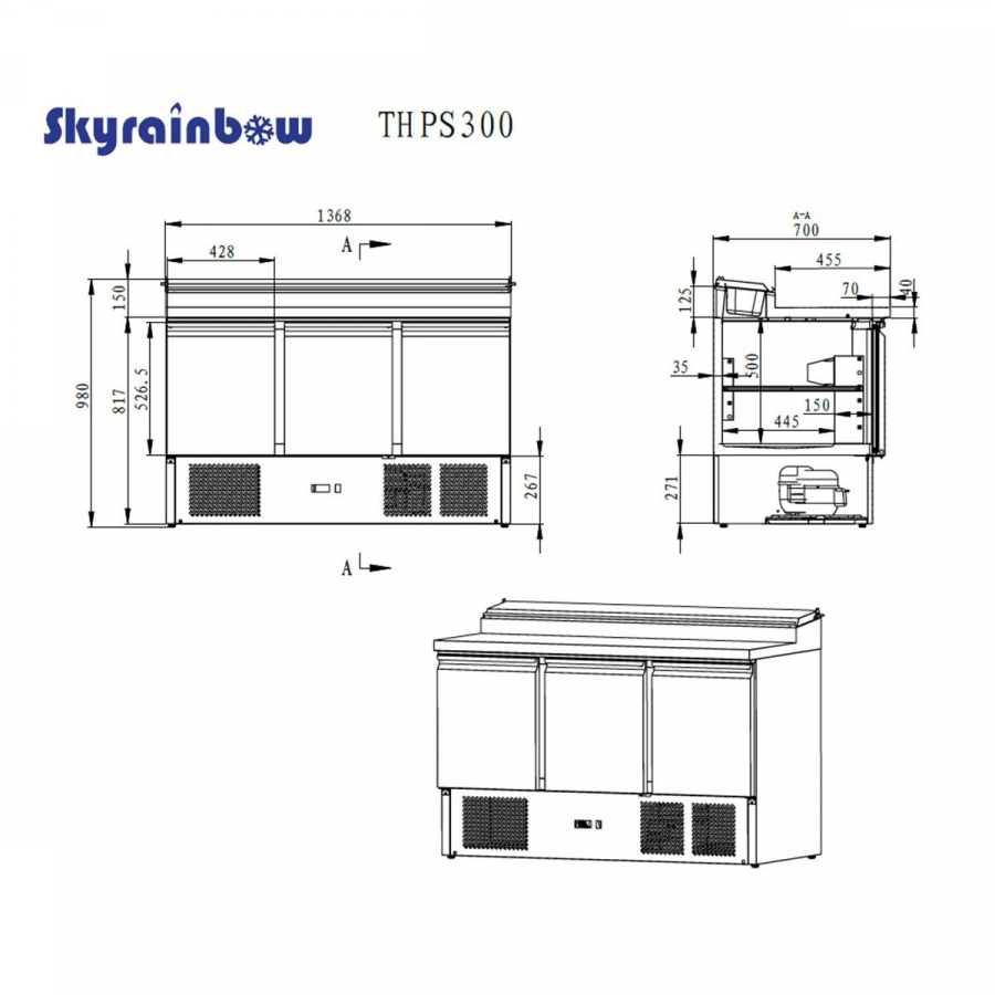 Saladette/Zubereitungstisch 3 Türen, Unterbaukühlung, 137x70