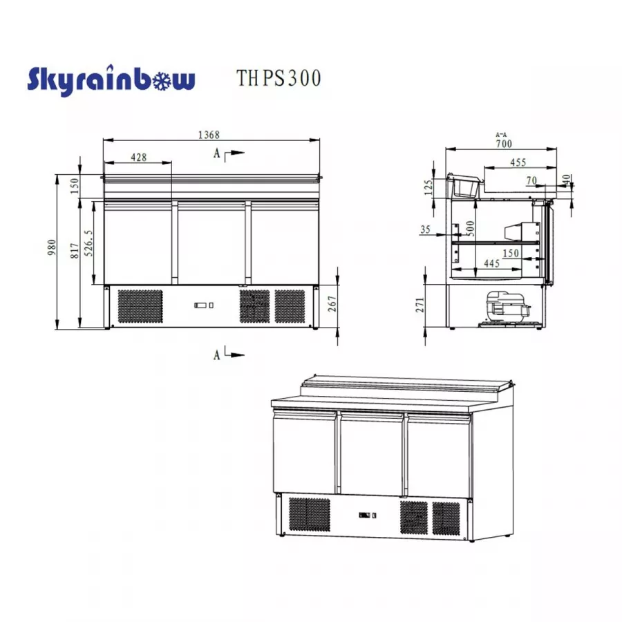 Saladette/Zubereitungstisch 3 Türen, Unterbaukühlung, 137x70