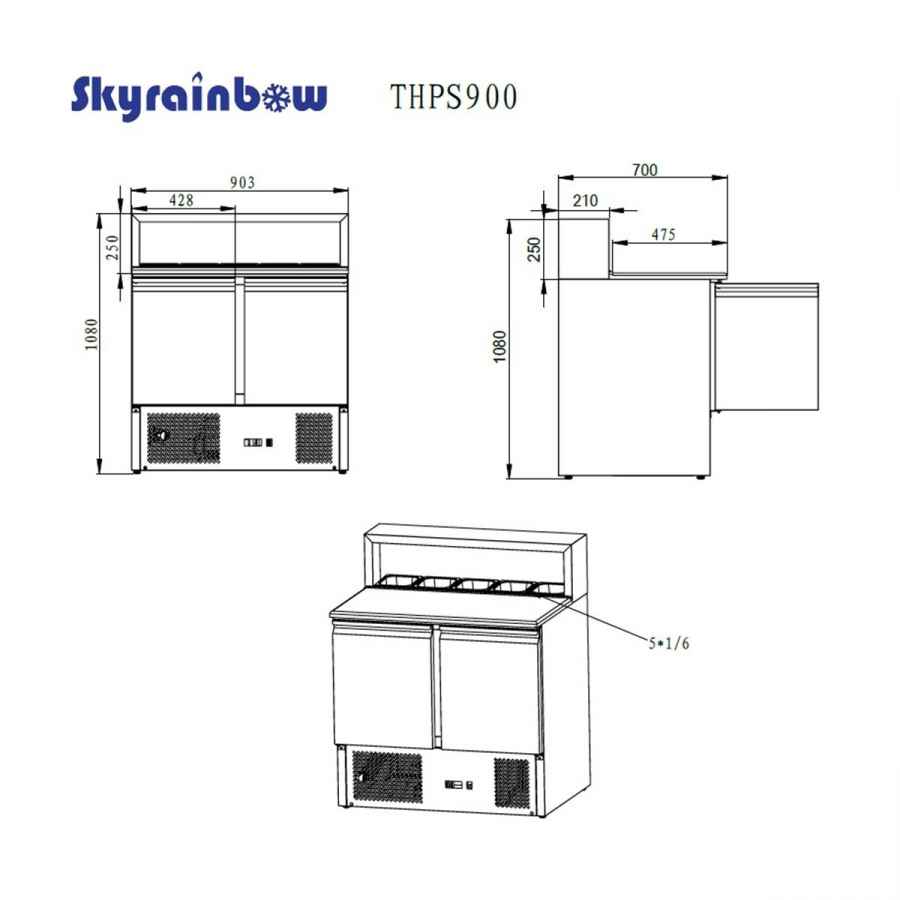 Pizzasaladette 2 deuren, opbouw roestvrij staal, 90 x 70