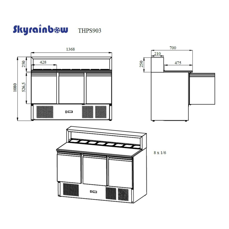 Pizzasaladette 3 deuren, opbouw roestvrij staal, 137 x 70
