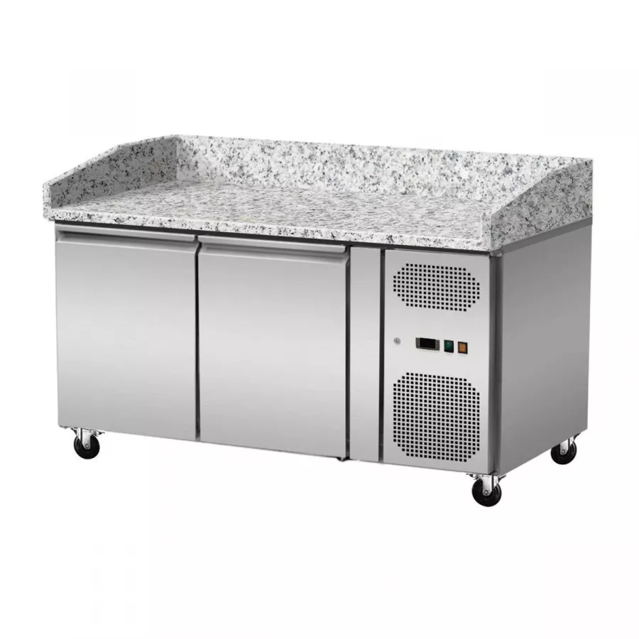 Pizzakühltisch Granit mit GN1/4-Glasaufsatz – 2 Türen, 151×80×86 cm