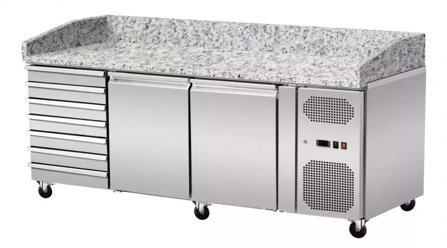 Pizza Kühlthisch Granit Rosa Grau 2 Türen 7 ungekühlte Schubladen 203 x 80 - Gastrohot
