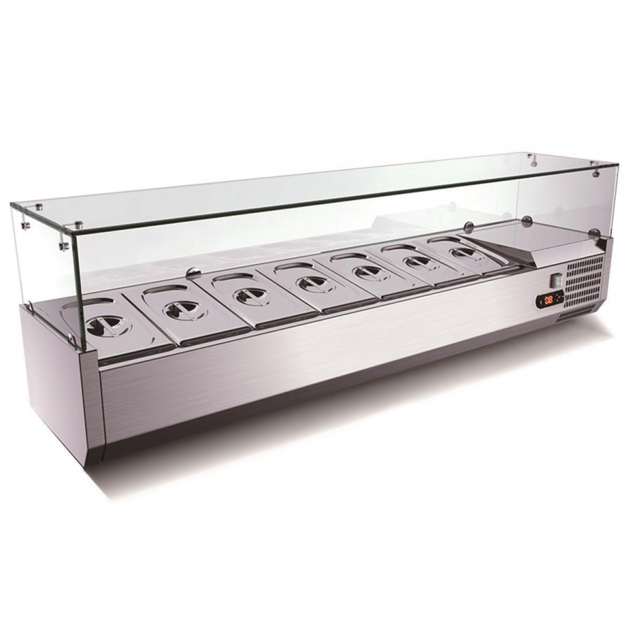 Pizza Kühltisch, Granit rosa-grau, 3 Türen, 203 x 80 Kühlaufsatz GN1/3 mit Glas