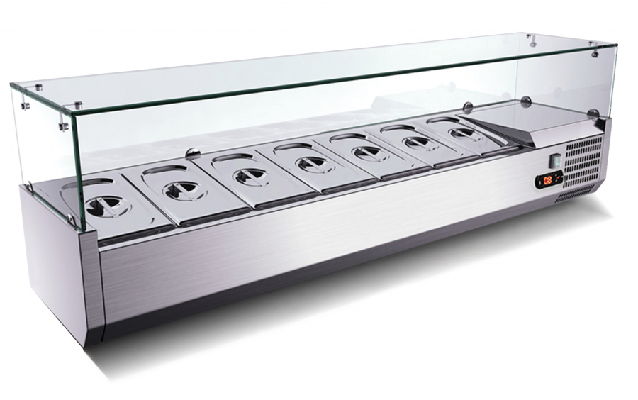 Pizzasaladette mit Granit & GN1/3-Glasaufsatz – 3 Türen, 140×70×108 cm