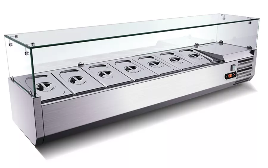 Pizzasaladette mit Granit & GN1/3-Glasaufsatz – 3 Türen, 140×70×108 cm