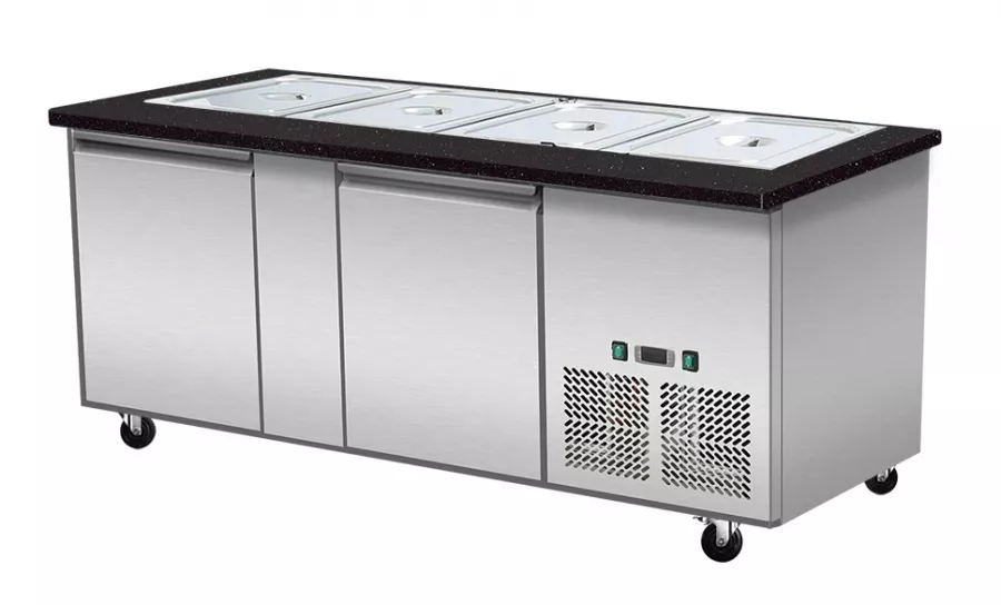 Kalte Theke, 4x GN1/1, Granit Star Galaxy schwarz, 153x82x85.5 Glasaufbau Klarglas mit Zwischenablage, H=496mm