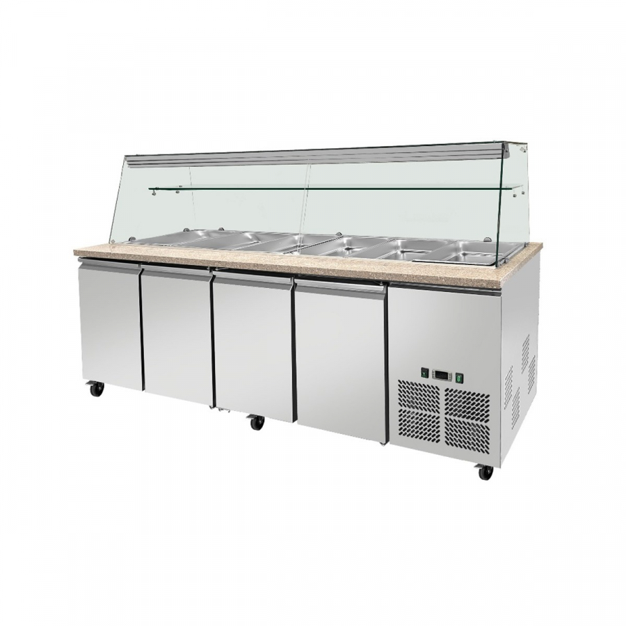 Kalte Theke 6x GN1/1 Granit rosa grau 223x82x85,5 Glasaufbau Klarglas mit Zwischenablage H 496mm