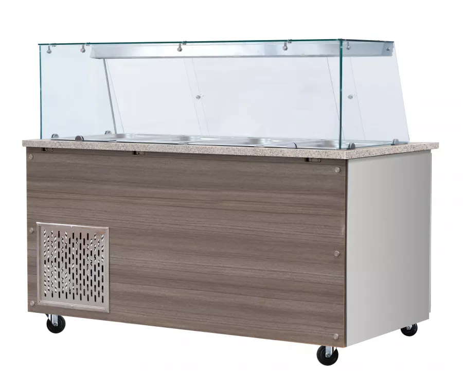 Kalte Theke, 6x GN1/1, Granit rosa-grau, 223x82x85.5 Glasaufbau Klarglas mit Zwischenablage, H=496mm