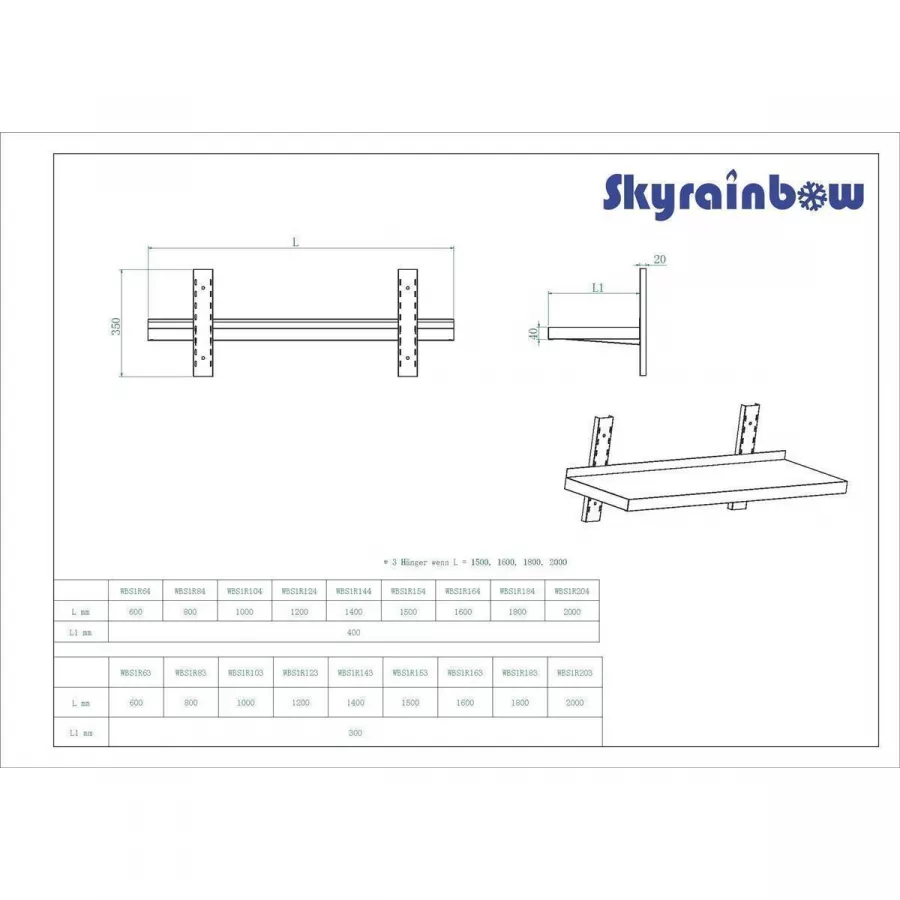 Wandbord aus Edelstahl – verstärkt, 1 Boden, 200×40 cm