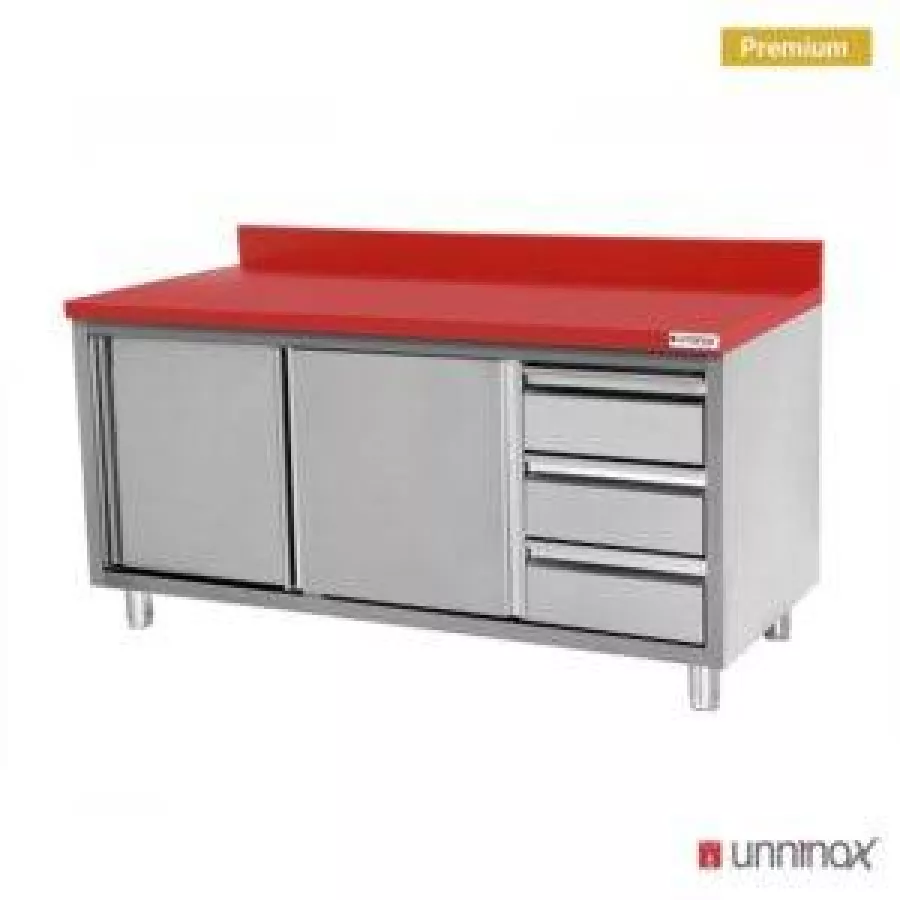 Polyethylen-Arbeitsschrank 1400x700 mm mit Schiebetüren, 3 Schubladen