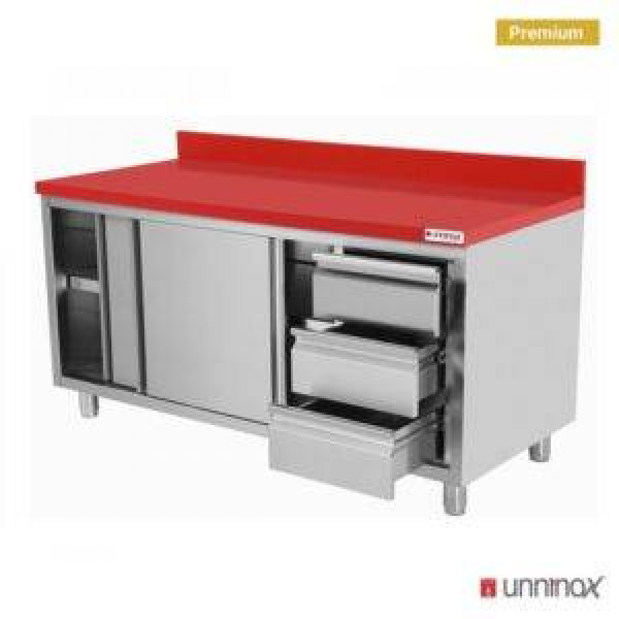 Polyethylen-Arbeitsschrank 1400x700 mm mit Schiebetüren, 3 Schubladen