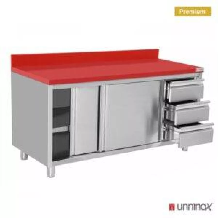 Polyethylen-Arbeitsschrank 1400x700 mm mit Schiebetüren, 3 Schubladen