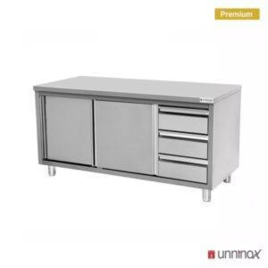 Arbeitsschrank 1200x600 mm ohne Aufkantung, 3 Schubladen rechts