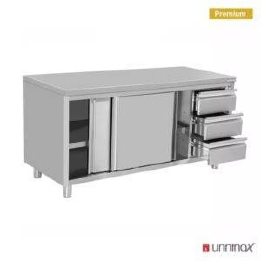 Arbeitsschrank 1200x600 mm ohne Aufkantung, 3 Schubladen rechts