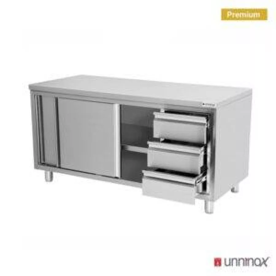 Arbeitsschrank 1200x600 mm ohne Aufkantung, 3 Schubladen rechts