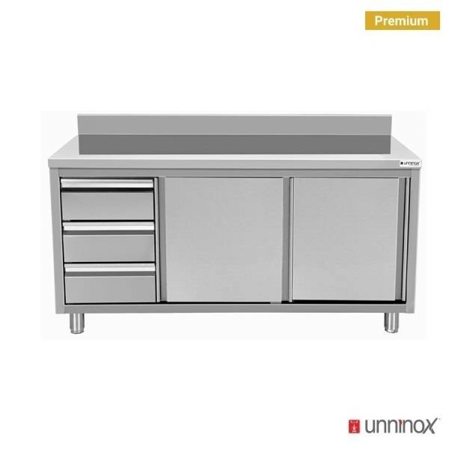 Arbeitsschrank 1200x700 mm mit Spritzschutz und 3 Schubladen links