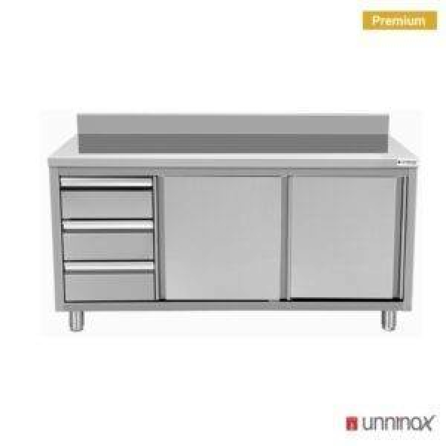 Arbeitsschrank mit Aufkantung, 3 Schubladen links, 1600x700 mm