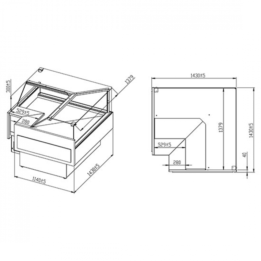 Vleeskoudetalage hoekmodule open met rechte frontbeglazing circulatiekoeling 0-4°C - Gastrohot