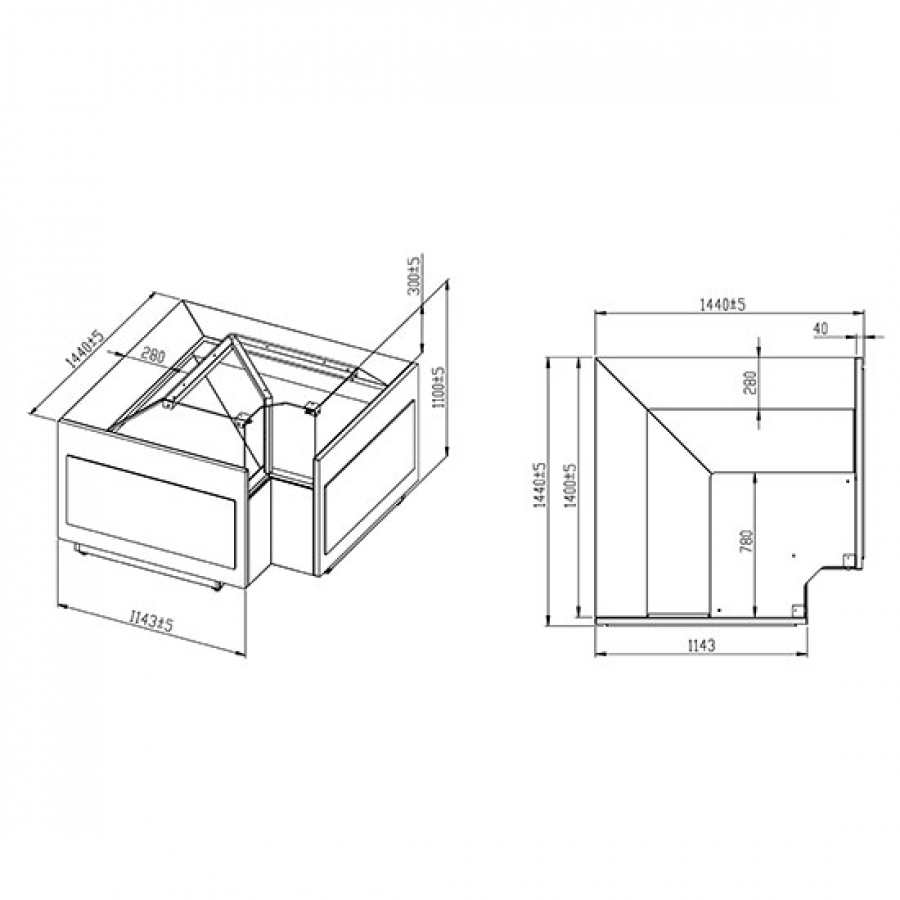 Vleeskoeltoonbank hoekmodule gesloten met rechte frontbeglazing circulatiekoeling 0-4°C