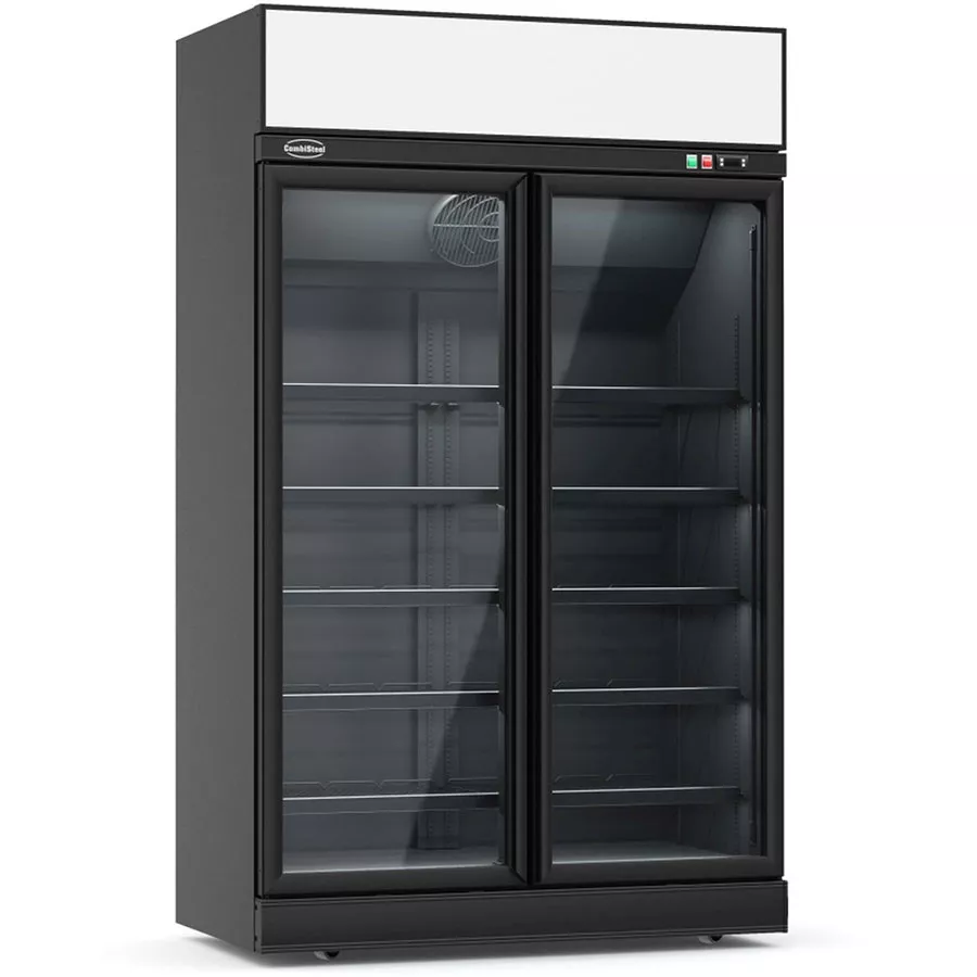 Combisteel Glastürkühlschrank schwarz mit 2 Flügeltüren und Werbedisplay | 1000 Liter