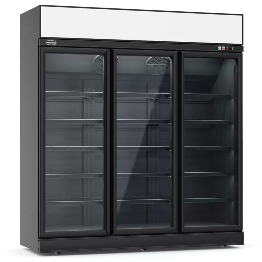 Combisteel Glastürkühlschrank schwarz mit 3 Flügeltüren und Werbedisplay | 1530 Liter