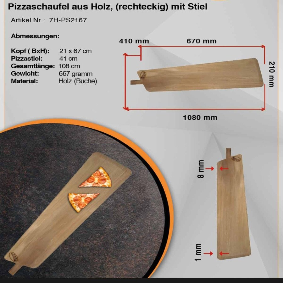Eckige Pizzaschaufel Holz | Mit festem Stiel | 21x67 (BxT in cm)