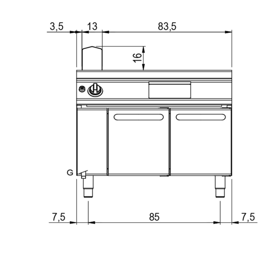 Gas-Grillplatte verchromt | ½ glatt ½ gerillt auf Unterbau mit Türen | Bedienung beidseitig | 14kW