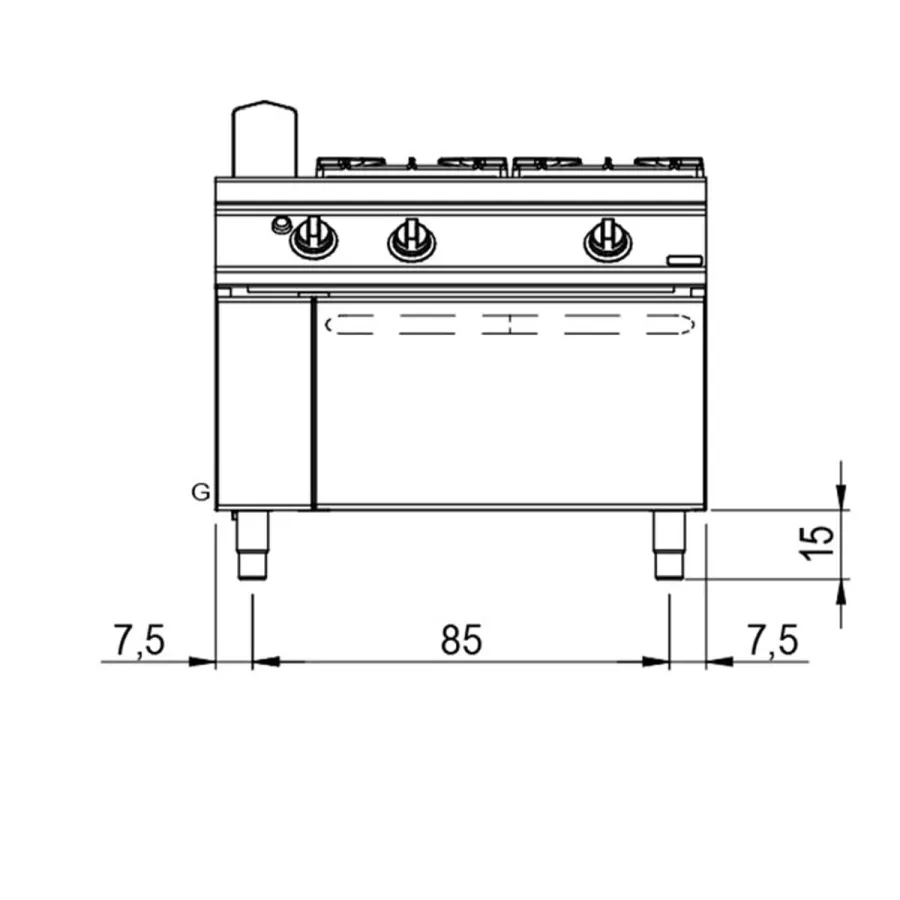 Gasherd 4 Brenner mit statischen Gasofen | Bedienung beidseitig B1000xT1100xH870