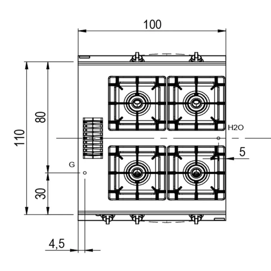 Gasherd 4 Brenner mit statischen Gasofen | Bedienung beidseitig B1000xT1100xH870